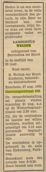 Deurningerstraat 533 Lambertus Welink overlijdensadvertentie Tubantia 28-8-1964.jpg