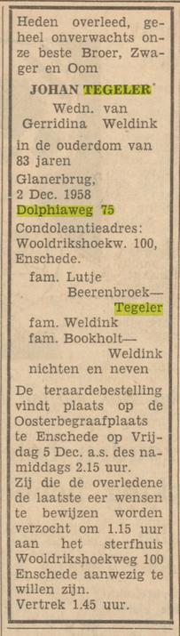 Dolphiaweg 75 Johan Tegeler overlijdensadvertentie Tubantia 3-12-1958.jpg