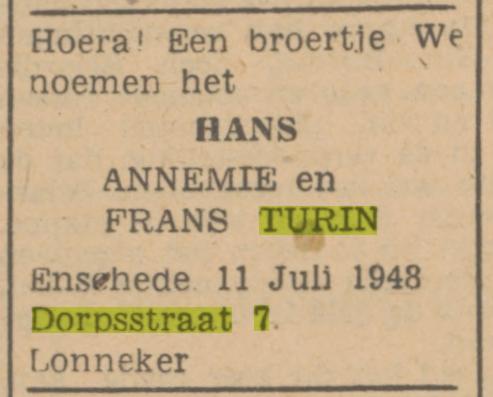 Dorpsstraat 7 Lonneker Turin advertentie Tubantia 13-7-1948.jpg