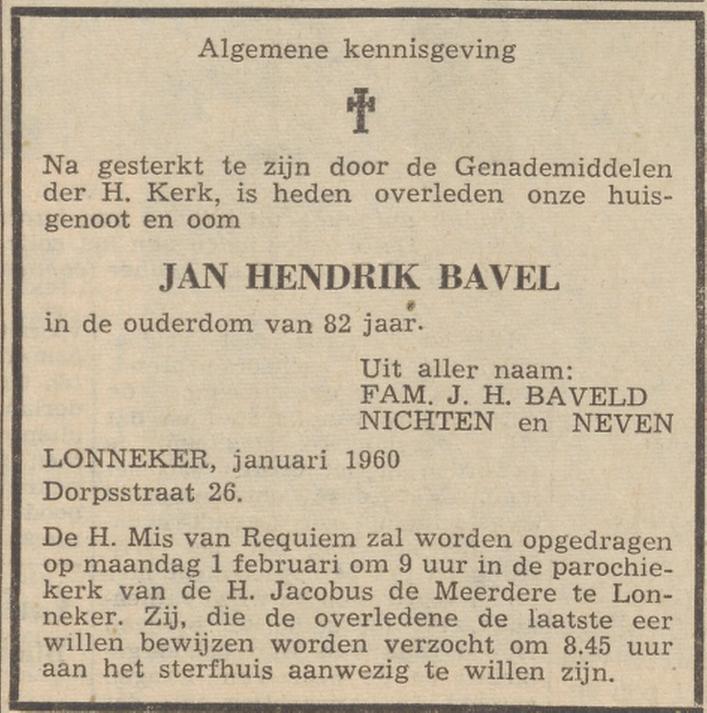 Dorpsstraat 26 Lonneker J.H. Baveld overlijdensadvertentie Twentsche Corant 30-1-1960.jpg
