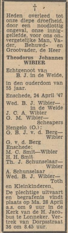 Dorpsstraat 36 Lonneker Th.J. Wibier overlijdensadvertentie Tubantia 26-4-1947.jpg