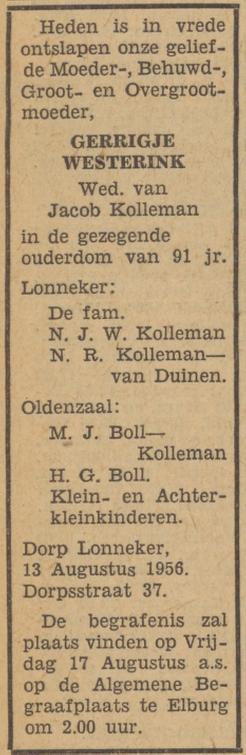 Dorpsstraat 37 Wed. G. Kolleman-Westerink overlijdensadvertentie Tubantia 14-8-1956.jpg