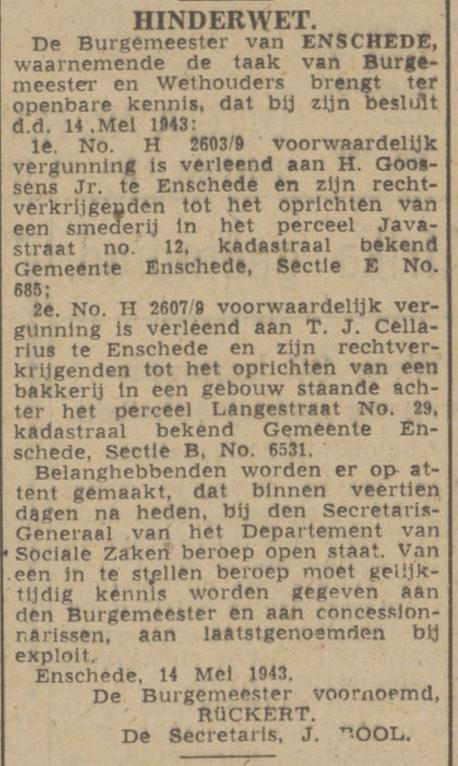 Langestraat 29 bakkerij T.J. Cellarius Hinderwet advertentie Twentsch nieuwsblad 14-5-1943.jpg