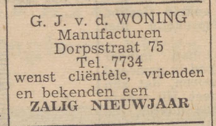 Dorpsstraat 75 G.J. van der Woning manufacturen advertentie Twentsche Courant 31-12-1952.jpg