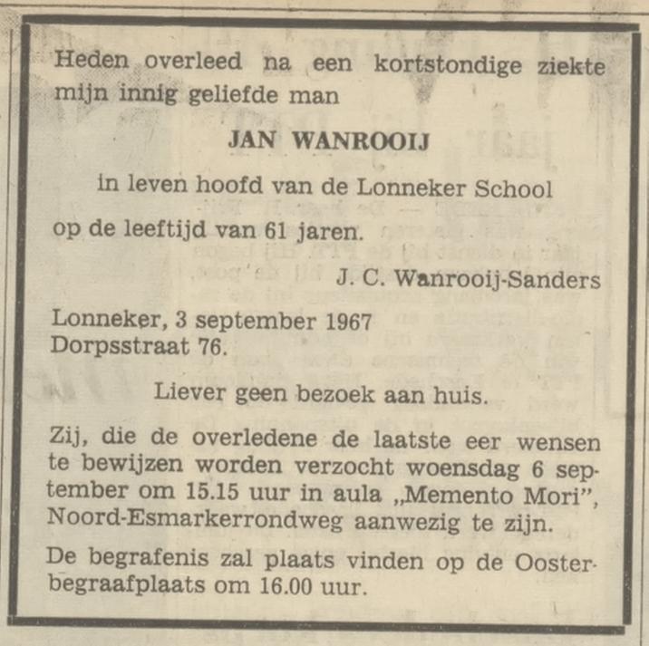 Dorpsstraat 76 Lonneker Jan Wanrooij hoofd van de Lonneker School overlijdensadvertentie Tubantia 4-9-1967.jpg