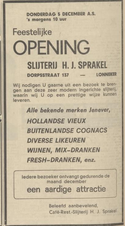 Dorpsstraat 137 cafe restaurant slijterij H.J. Sprakel advertentie Tubantia 4-12-1968.jpg