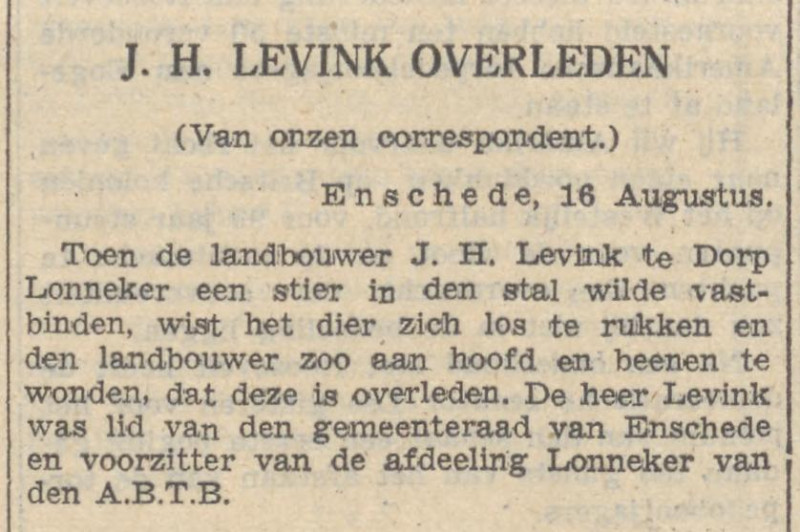J.H. Levink raadslid en landbouwer Lonneker overledem krantenbericht Algemeen Handelsblad 17-8-1940.jpg