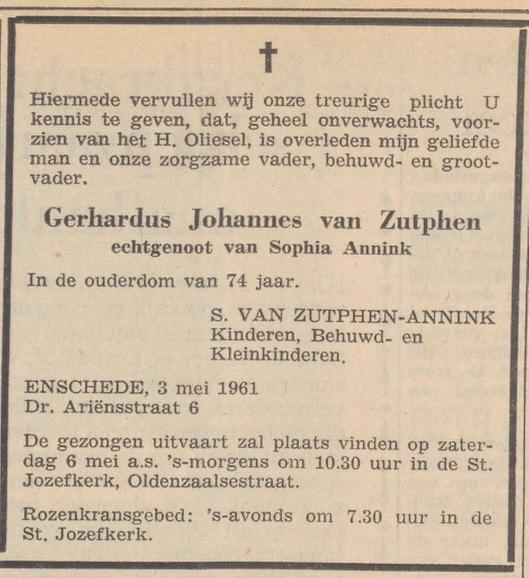 Dr. Ariensstraat 6 G.J. van Zutphen overlijdensadvertentie Twentsche courant 4-5-1961.jpg
