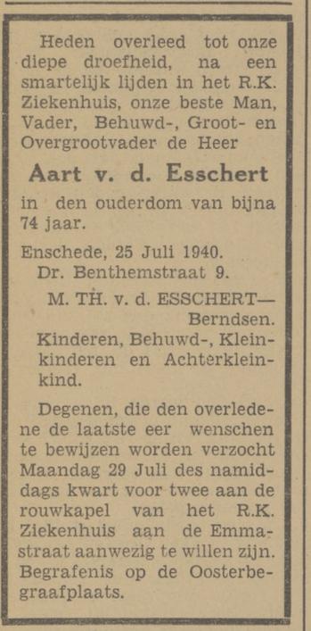 Dr. Benthemstraat 9 Aart van den Esschert overlijdensadvertentie Tubantia 26-7-1940.jpg