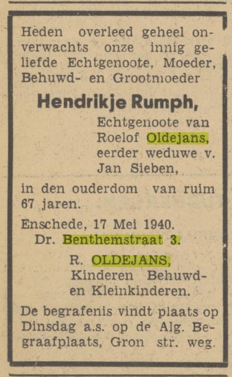 Dr. Benthemstraat 3 Hendrikje Oldejans-Rumph overlijdensadvertentie Tubantia 18-5-1940.jpg