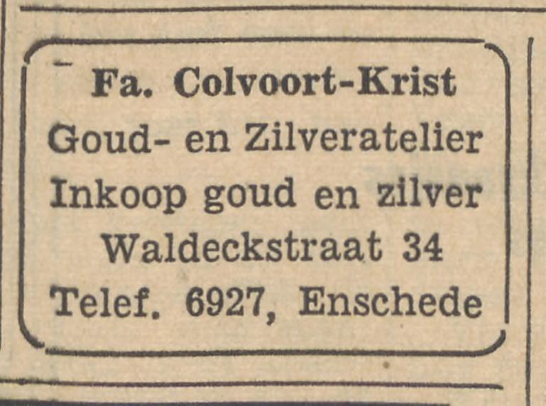 Waldeckstraat 34 Fa. Colvoort-Krist Goud- en Zilveratelier advertentie Tubantia 19-12-1957.jpg