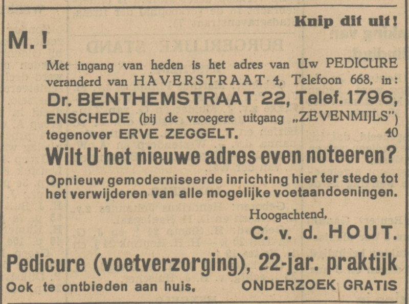 Dr. Benthemstraat 22 C. van de Hout pedicure advertentie Tubantia 26-9-1932.jpg