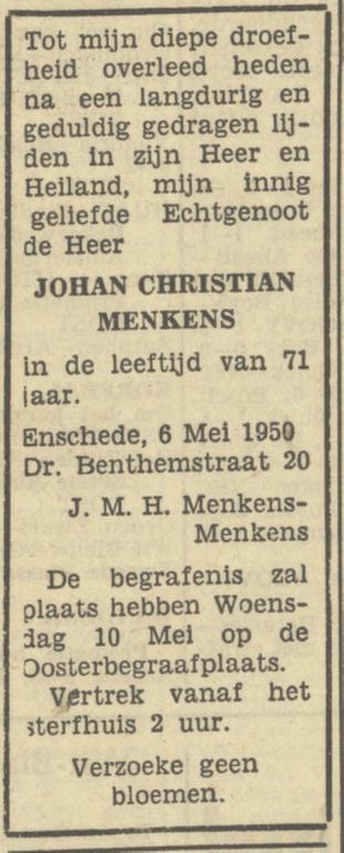 Dr. Benthemstraat 20 Johan Christian Menkens overlijdensadvertentie Tubantia 8-5-1950.jpg