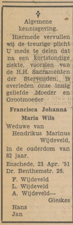 Dr. Benthemstraat 26 Wed. F,J.M. Wijdeveld-Wils overlijdensadvertentie Tubantia 24-4-1951.jpg