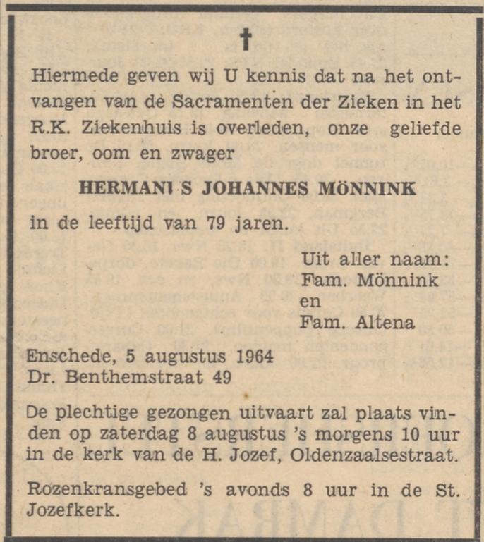 Dr. Benthemstraat 49 H.J. Monnink overlijdensadvertentie Tubantia 6-8-1964.jpg