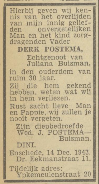 Dr. Eekmanstraat 11 Derk Postema overlijdensadvertentie Twentsch nieuwsblad 17-12-1943.jpg