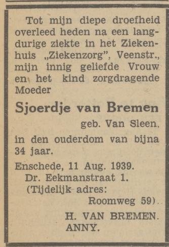 Dr. Eekmanstraat 1 S. van Bremen-van Sleen overlijdensadvertentie Tubantia 12-8-1939.jpg