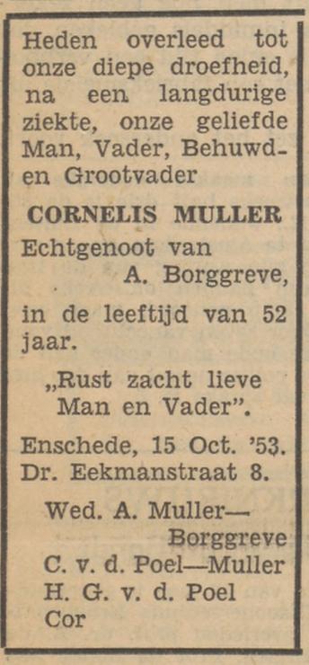 Dr. Eekmanstraat 8 Cornelis Muller overlijdensadvertentie Tubantia 16-10-1953.jpg