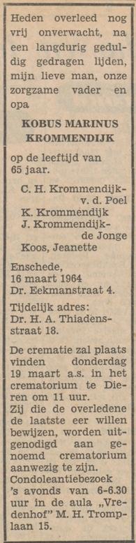 Dr. Eekmanstraat 4 K.M. Krommendijk overlijdensadvertentie Tubantia 17-3-1964.jpg