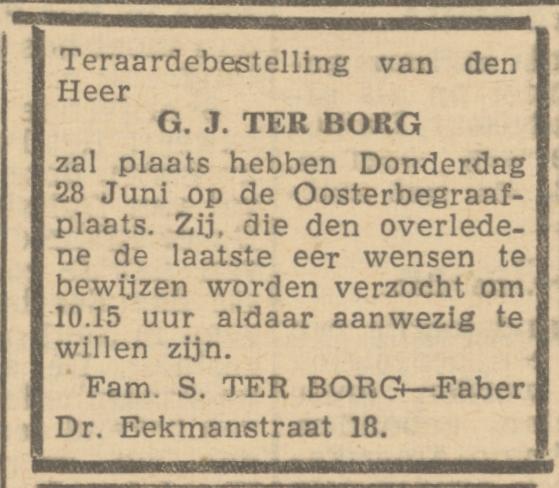 Dr. Eekmanstraat 18 G.J. ter Borg overlijdensadvertentie De Waarheid 26-6-1945.jpg