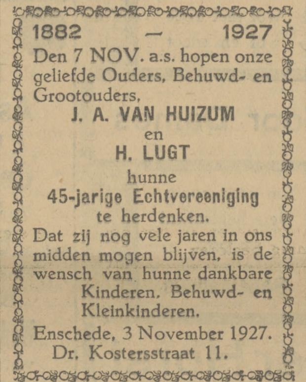 Dr. Kostersstraat 11 J.A. van Huizum en H. Lugt advertentie Tubantia 3-11-1927.jpg
