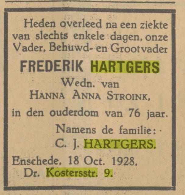 Dr. Kostersstraat 9 F. Hartgers overlijdensadvertentie Tubantia 18-10-1928.jpg