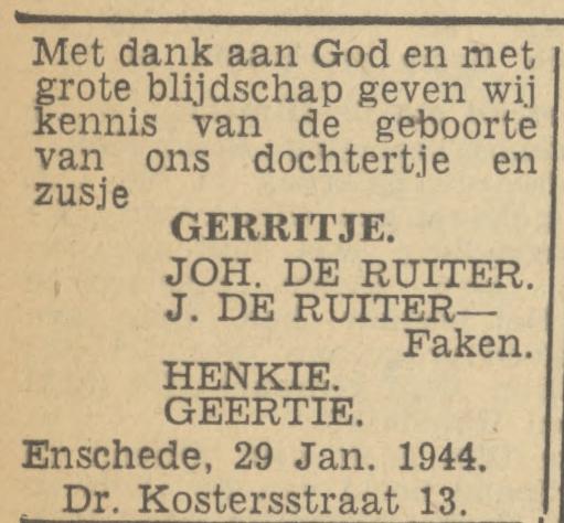 Dr. Kostersstraat 13 Joh. de Ruiter advertentie Twentsch nieuwsblad 1-2-1944.jpg