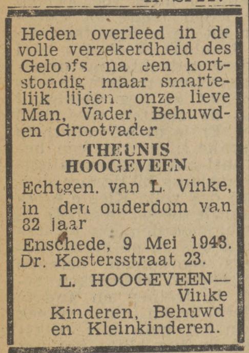 Dr. Kostersstraat 23 Theunis Hoogeveen overlijdensaangifte Twentsch nieuwsblad 10-5-1943.jpg