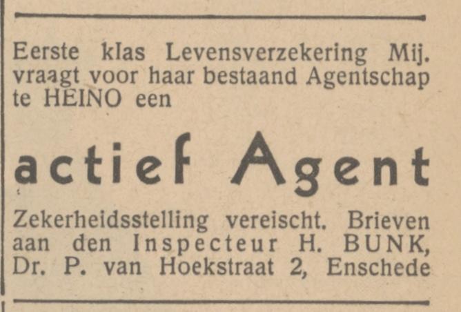 Dr. P. van Hoekstraat 2 H. Bunk Inspecteur Levensverzekering Mij. advertentie Provinciale Overijsselsche courant 30-9-1933.jpg