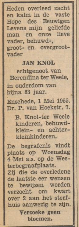 Dr. P. van Hoekstraat 7 Jan Knol overlijdensadvertentie Tubantia 2-5-1955.jpg