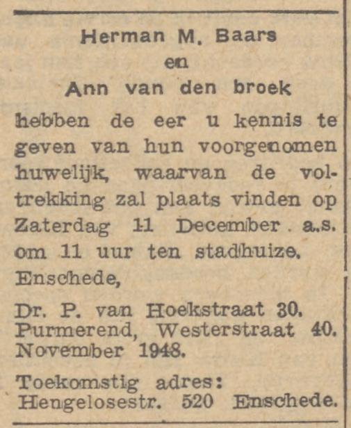 Dr. P. van Hoekstraat 30 Herman M. Baars advertentie De Waarheid 4-12-1948.jpg