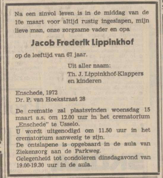 Dr. P. van Hoekstraat 28 J.F. Lippinkhof overlijdensadvertentie Tubantia 13-3-1972.jpg