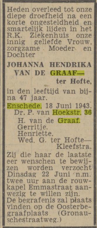 Dr. P. van Hoekstraat 36 J.H. van de Graaf-ter Hofte overlijdensadvertentie Twentsch nieuwsblad 19-6-1943.jpg