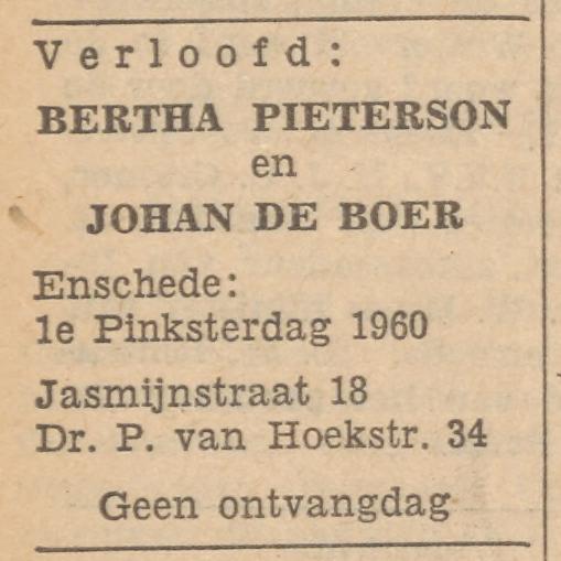 Dr. P. van Hoekstraat 34 Johan de Boer advertentie Tubantia 3-6-1960.jpg