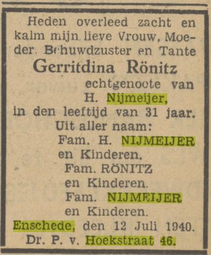Dr. P. van Hoekstraat 46 Gerritdina Nijmeijer-Rönitz overlijdensadvertentie Tubantia 13-7-1940.jpg