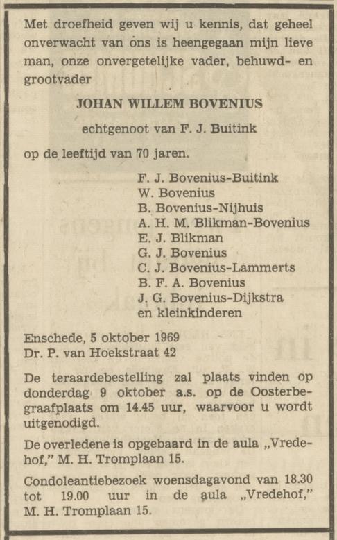 Dr. P. van Hoekstraat 42 J.W. Bovenius overlijdensadvertentie Tubantia 7-10-1969.jpg