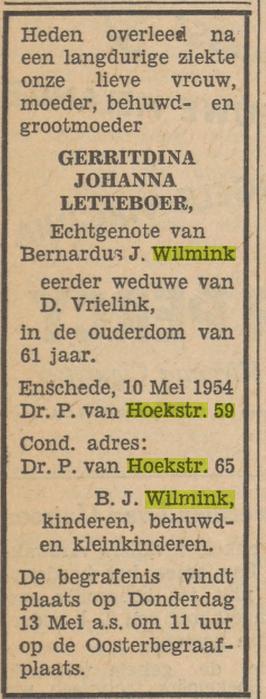 Dr. P. van Hoekstraat 59 G.J. Wilmink-Letteboer overlijdensadvertentie Tubantia 11-5-1954.jpg