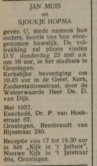 Dr. P. van Hoekstraat 67 Jan Muis advertentie Gereformeerd gezinsblad 18-5-1957.jpg
