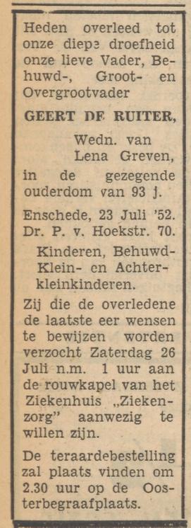 Dr. P. van Hoekstraat 70 Geert de Ruiter overlijdensadvertentie Tubantia 25-7-1952.jpg
