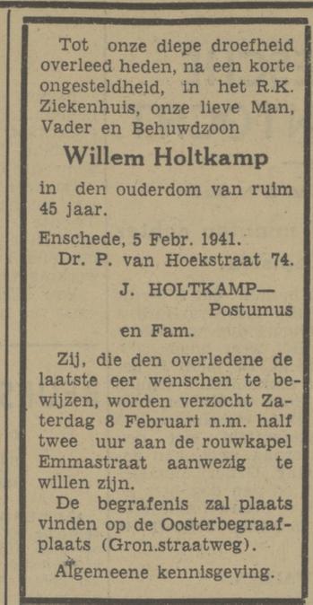 Dr. P. van Hoekstraat 74 Willem Holtkamp overlijdensaangifte Tubantia 6-2-1941.jpg