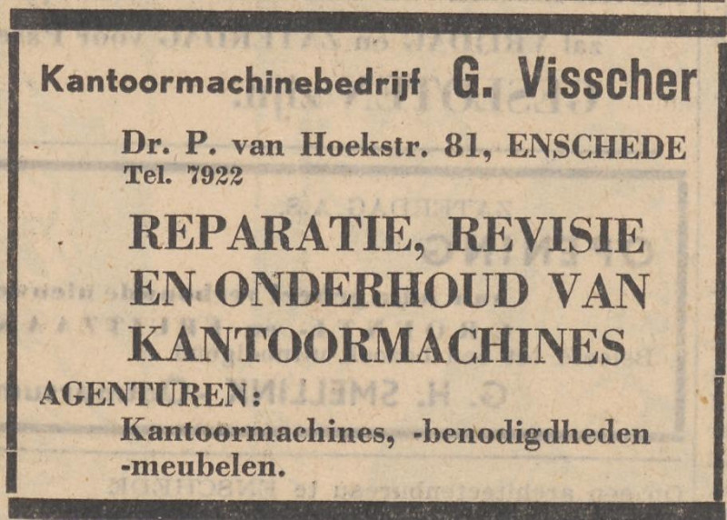 Dr. P. van Hoekstraat 81 kantoormachinebedrijf G. Visscher advertentie Twentsche Courant 2-4-1953.jpg
