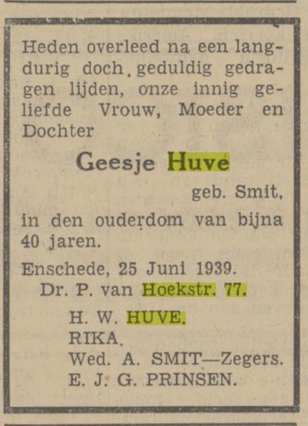 Dr. P. van Hoekstraat 77 Geesje Huve-Smit overlijdensadvertentie Tubantia 26-6-1938.jpg
