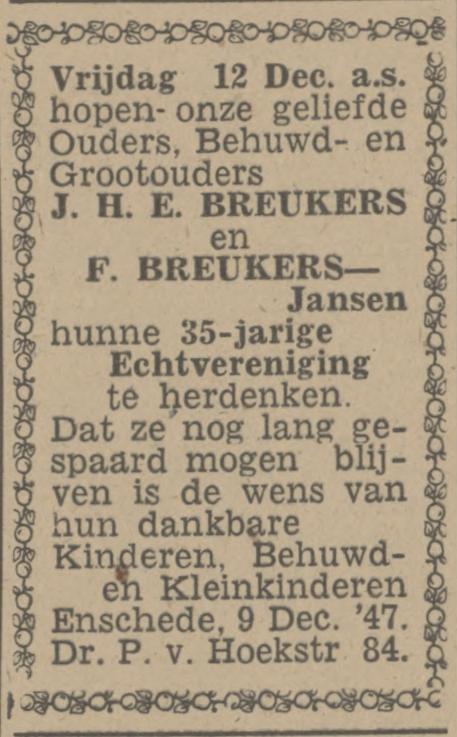 Dr. P. van Hoekstraat 84 J.H.E. Breukers advertentie Tubantia 9-12-1947.jpg