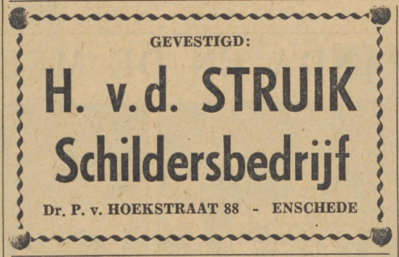 Dr. P. van Hoekstraat 88 schildersbedrijf H. van der Struik advertentie Tubantia 12-9-1956.jpg