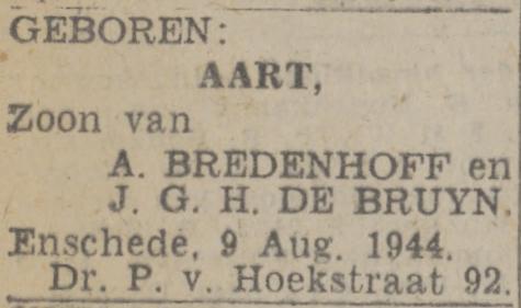 Dr. P. van Hoekstraat 92 A. Bredenhoff advertentie Twentsch nieuwsblad 10-8-1944.jpg