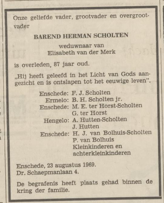 Dr. Schaepmanlaan 4 B.H. Scholten overlijdensadvertentie Tubantia 27-8-1969.jpg