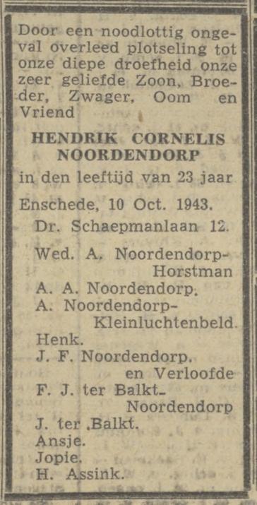 Dr. Schaepmanlaan 12 H.C. Noordendorp overlijdensadvertentie Twentsch nieuwsblad 13-10-1943.jpg