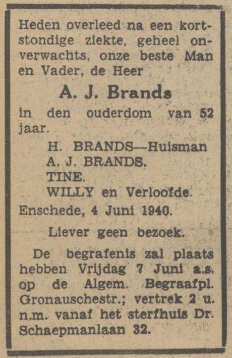 Dr. Schaepmanlaan 32 A.J. Brands overlijdensadvertentie Tubantia 5-6-1940.jpg