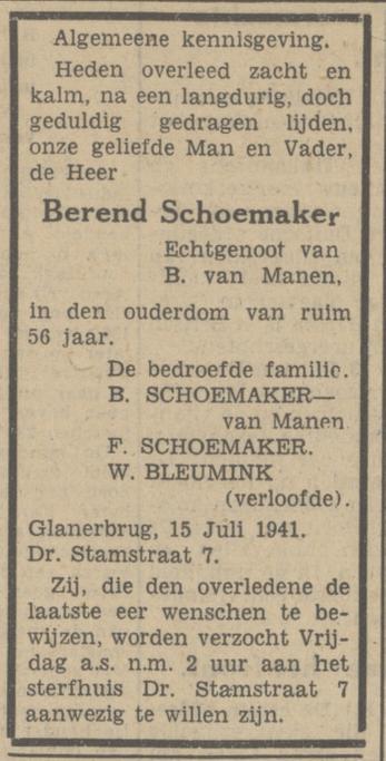 Dr. Stamstraat 7 Berend Schoemaker overlijdensadvertentie Tubantia 16-3-1941.jpg