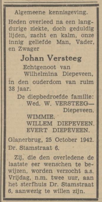Dr. Stamstraat 6 Johan Versteeg overlijdensadvertentie Tubantia 27-10-1942.jpg